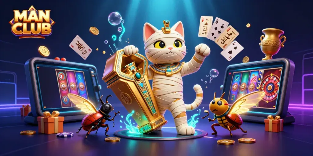 Engage in thrilling games at MAN CLUB with a dynamic pyramid casino scene featuring a mummy cat, scarab beetle, and vibrant game elements.