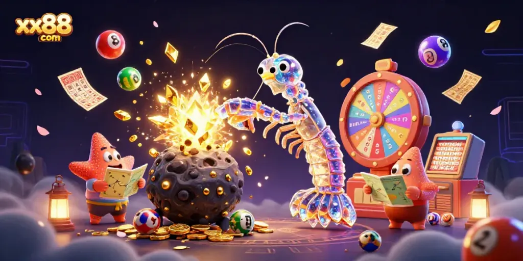 Experience the thrill of xx88 com with 3D galactic characters amidst colorful lottery games and golden treasures.