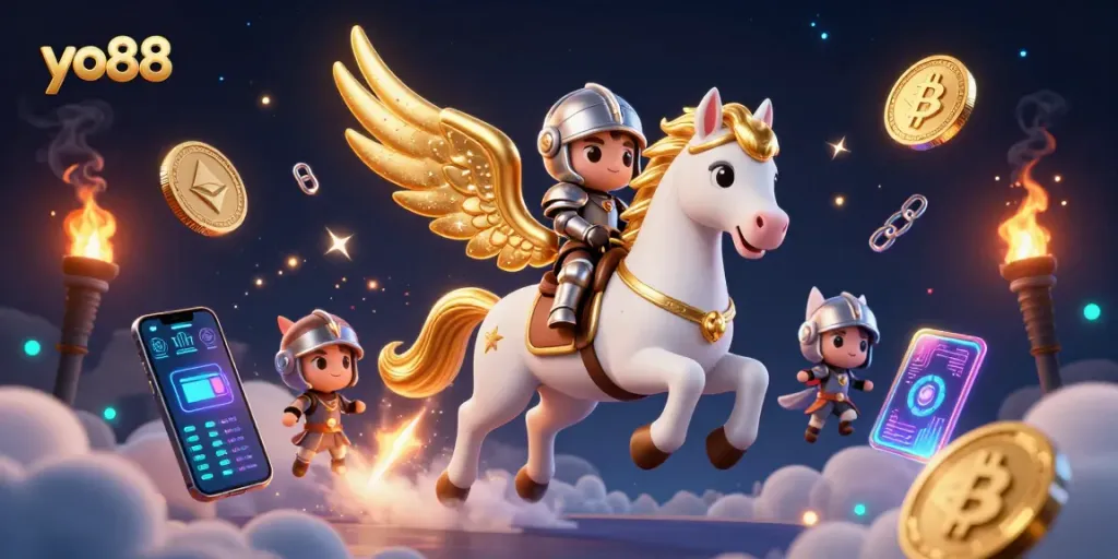 Experience excitement at yo88 with a vibrant 3D illustration of a celestial horse and crypto elements.
