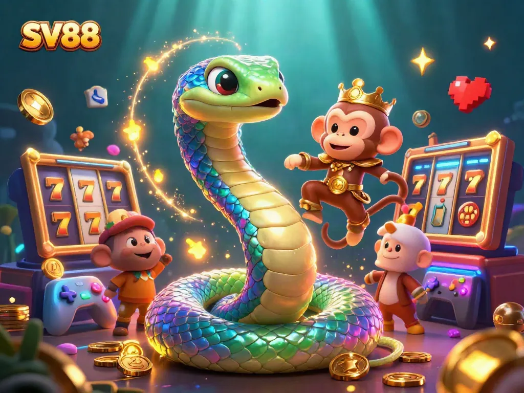 Engage with thrilling SV88 casino adventures as a vibrant rainbow serpent and monkey king light up the gaming realm.