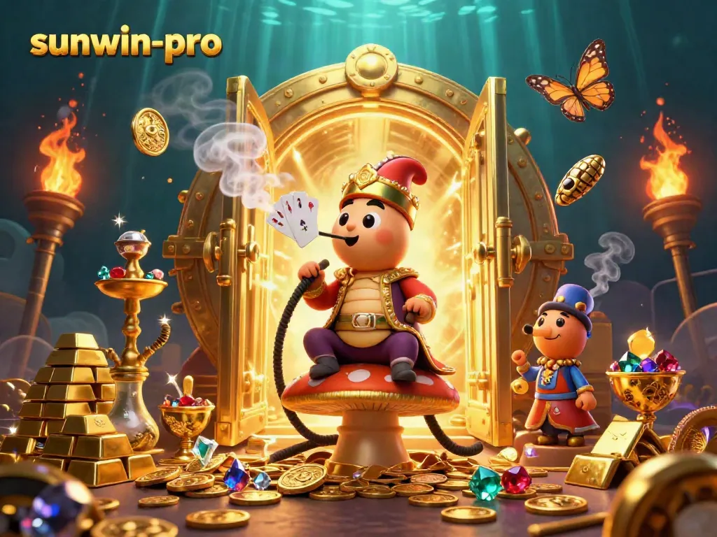 Experience the excitement of sunwin-pro with a colorful illustration depicting casino treasures and games.