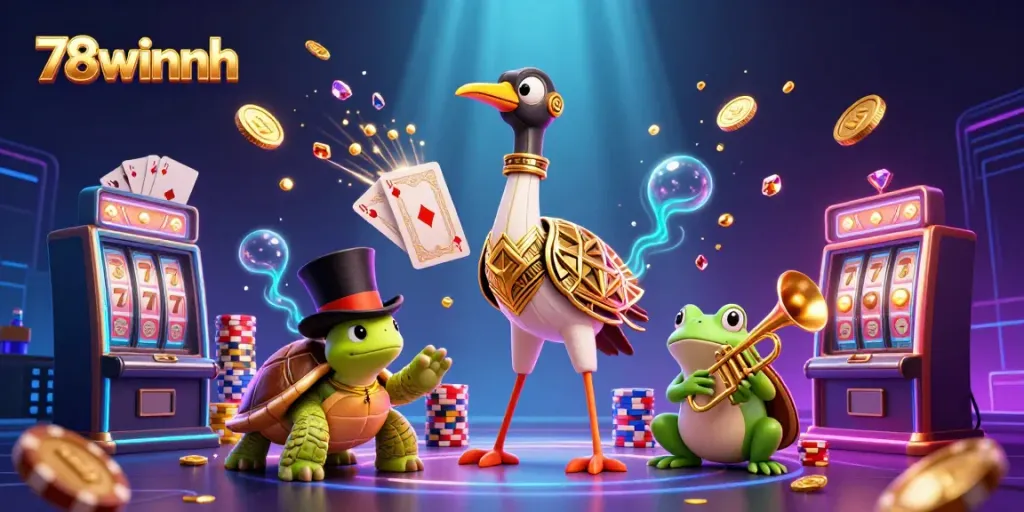 Experience excitement at 78winnh with vibrant slots and casino elements in a dynamic scene.