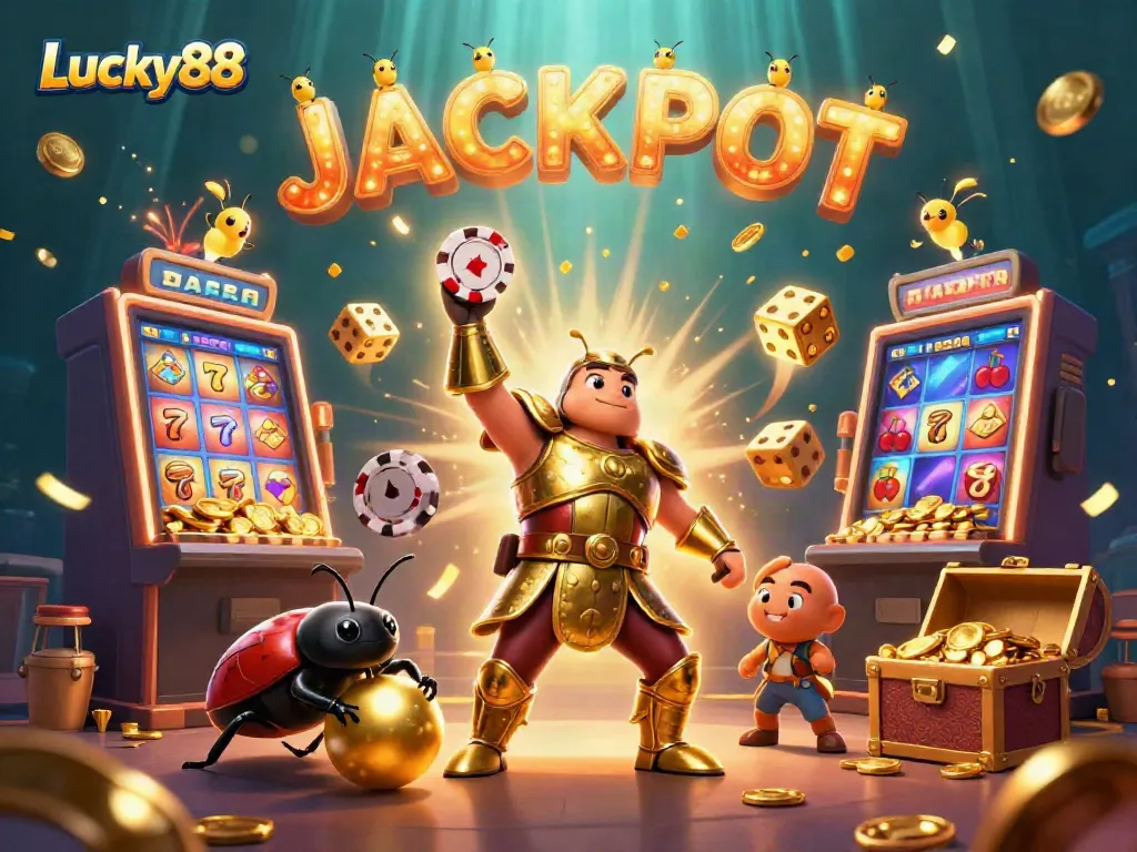 Experience thrilling wins with Lucky88 as the heroic beetle character lifts a poker chip triumphantly, encapsulating the excitement of casino gaming.