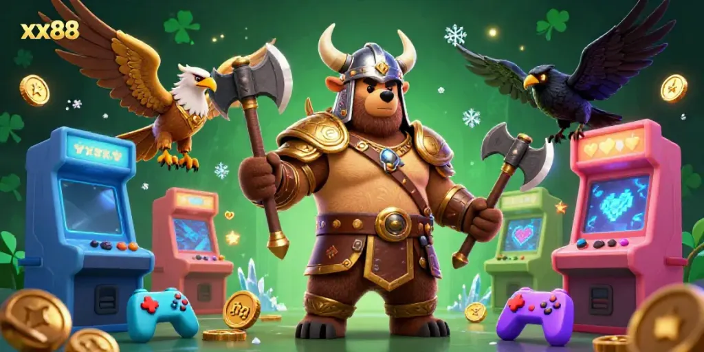 Join the excitement at xx88 with this dynamic 3D scene showcasing a Viking berserker bear and Valkyrie eagle in a vibrant casino atmosphere.
