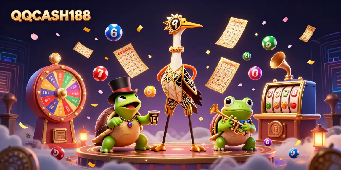 Experience QQCASH188 with lively cartoon characters celebrating at a vibrant gaming scene.