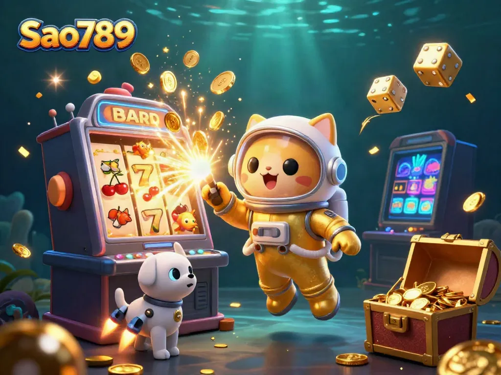 Sao789 enhances your gaming experience with a vibrant 3D illustration showcasing a space cat, slot machine, and treasures.