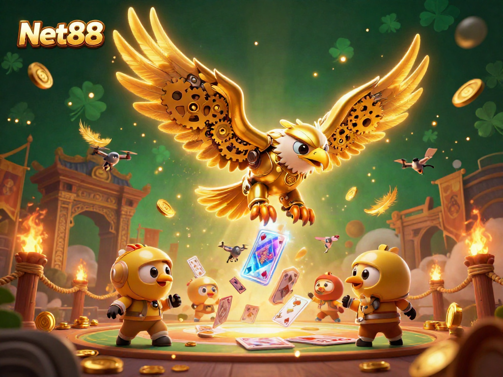 Net88 showcases a dynamic 3D golden eagle illustration amidst a vibrant casino scene for online betting excitement.