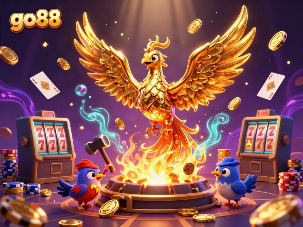 Witness the exciting go88 gaming scene with a golden phoenix and vibrant casino elements.