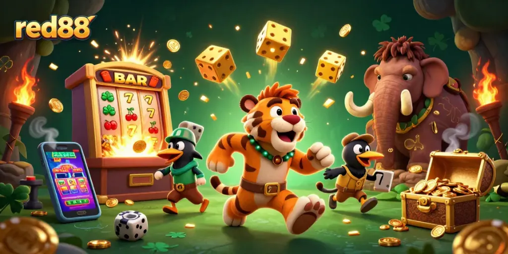 Experience thrilling gaming at red88's prehistoric casino with dynamic scenes and gambling elements.