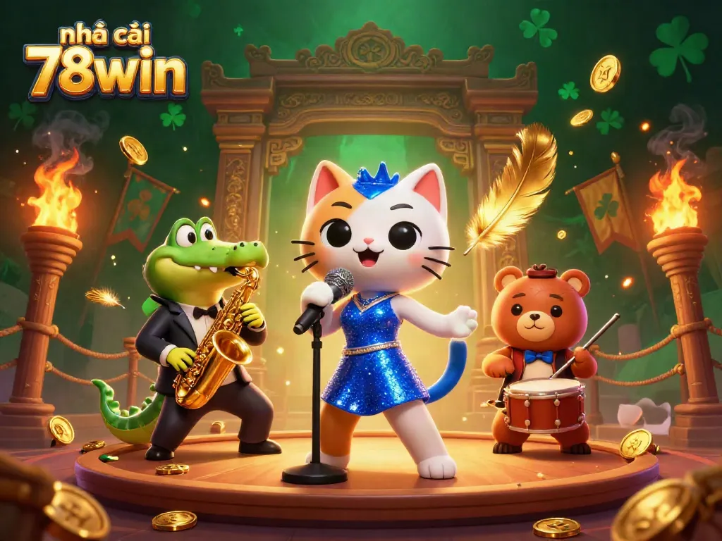 Experience the vibrant scene with nhà cái 78win featuring a jazzy cat and musical characters on stage.