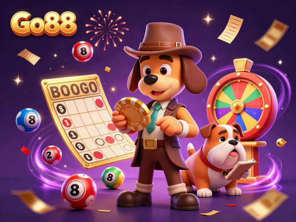 Engage with Go88 in an exciting gambling scene featuring a detective and bulldog amidst lottery elements.