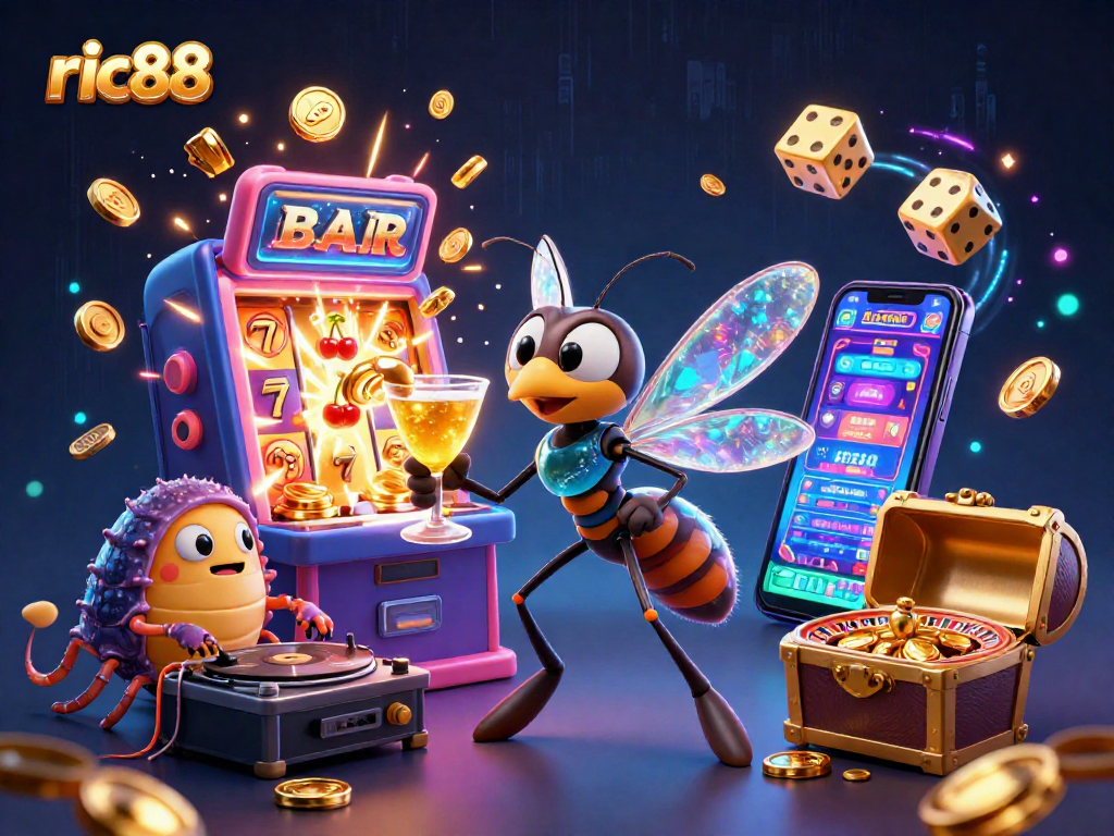 Experience winning at the ric88 casino with a vibrant scene featuring a colorful slot machine and dynamic characters.
