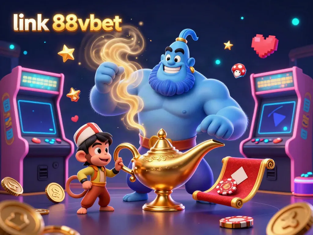 Engage in the vibrant gaming world with link 88vbet, featuring a magical genie, poker chips, and dynamic casino elements.