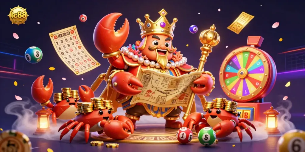 Experience the excitement of lc88 with a golden crab emperor surrounded by vibrant casino elements and dynamic game symbols.