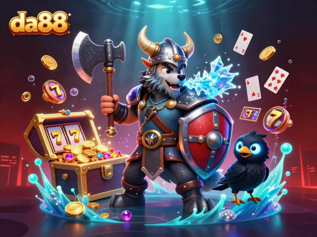 Engage in winnings with da88 featuring a Viking warrior, dragon, and rich casino elements.