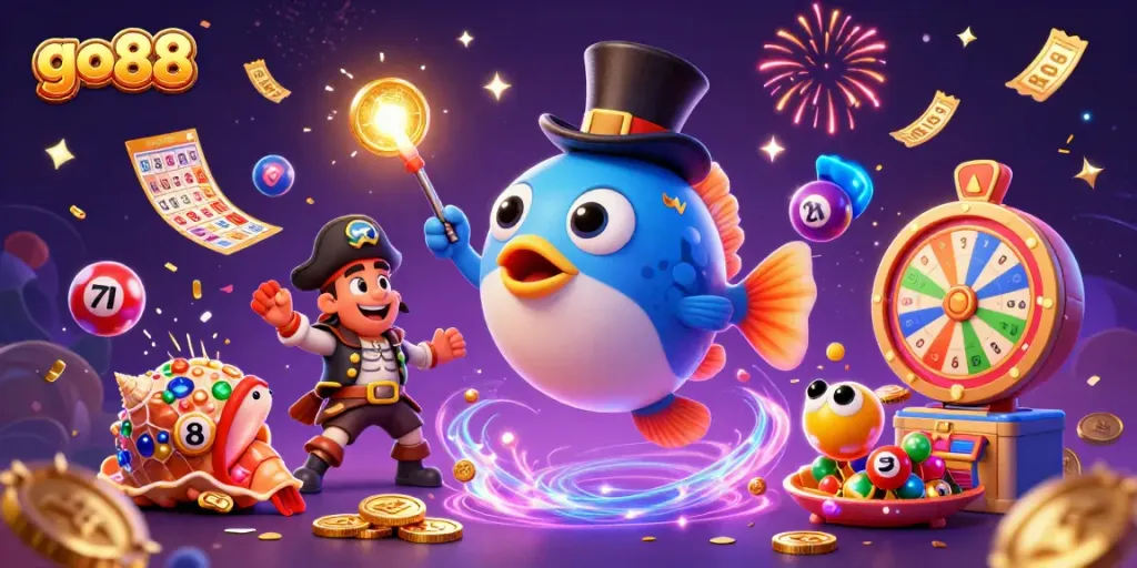 Engage with go88's thrilling casino experience featuring colorful lottery creations and vibrant characters.