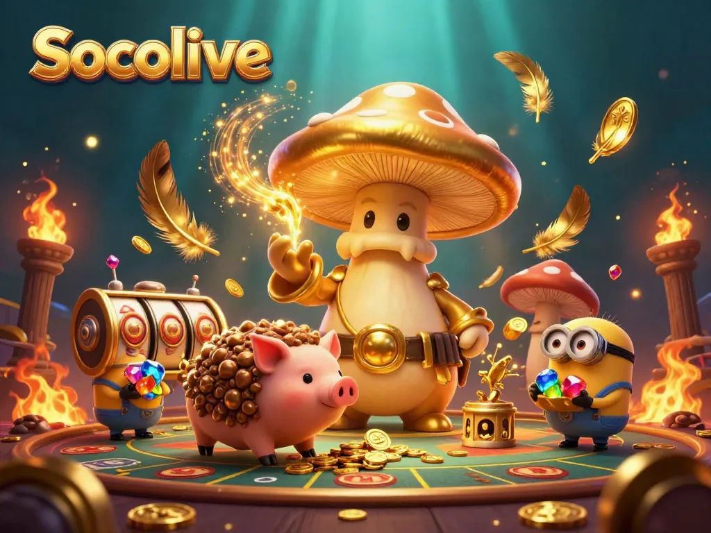 Socolive showcases a magical scene with a golden mushroom wizard and treasure hunters in an enchanting casino setting.