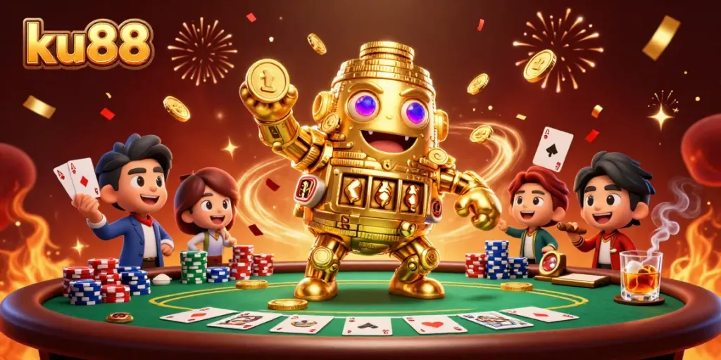 Spin the slot reels at ku88 with a golden golem and poker elements in a vibrant casino scene.