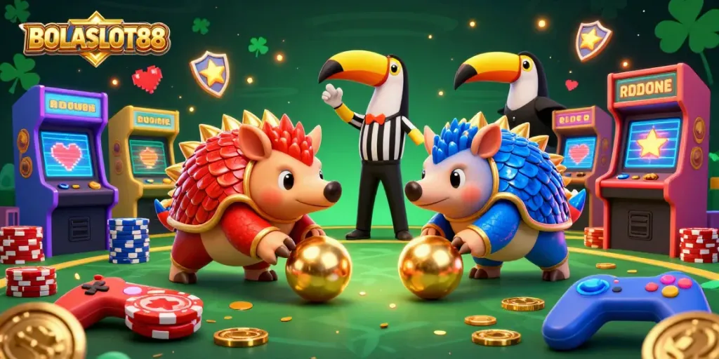 BOLASLOT88 pangolins bowling over poker chips in a vibrant casino scene, showcasing dynamic 3D game energy.
