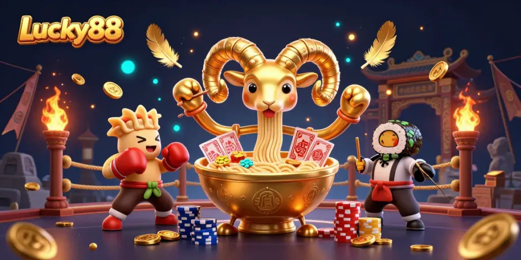 Experience Lucky88 with a giant ramen bowl dealer surrounded by vibrant casino elements in a festive arena.