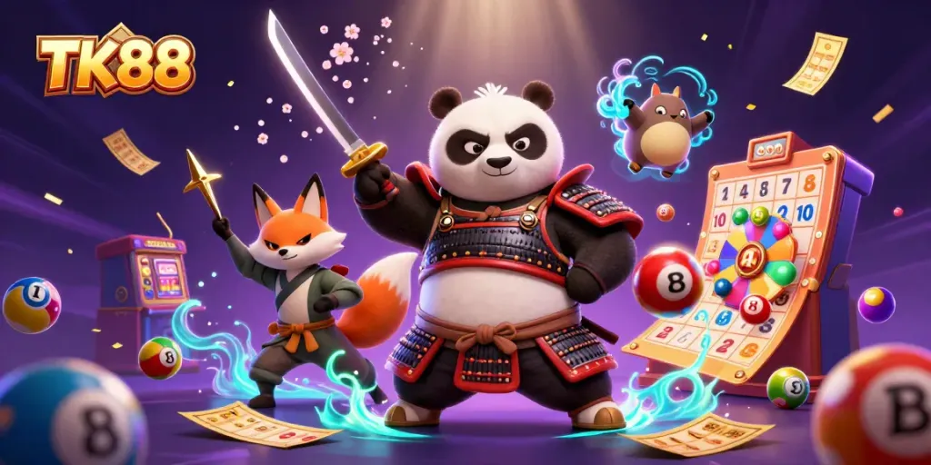 TK88 captivates with a thrilling scene of a samurai panda and ninja fox amid a vibrant lottery game setting.