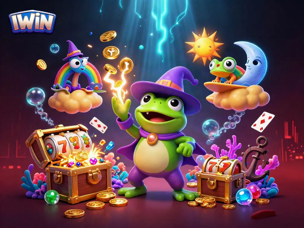 IWIN brings excitement with a whimsical gaming scene featuring a frog wizard and a chameleon.
