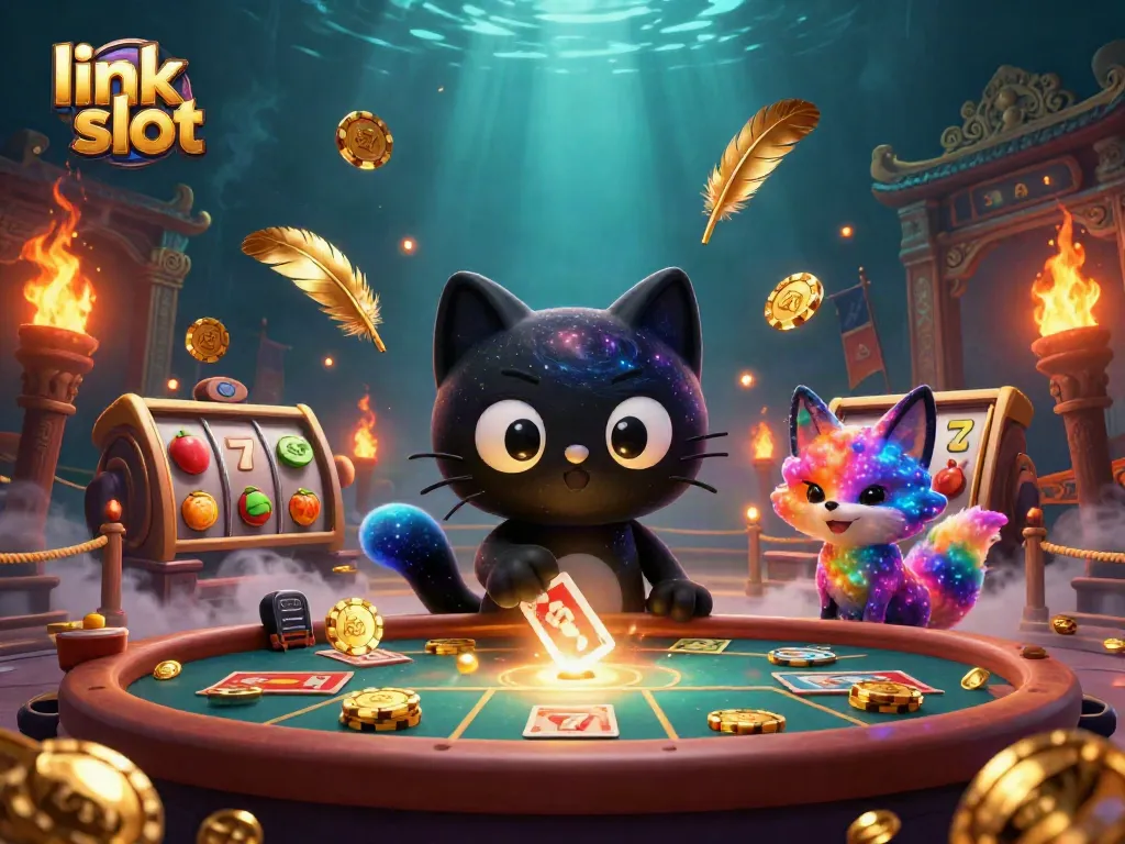 Experience exciting link slot adventures with a cosmic cat and colorful fox in a vibrant casino.