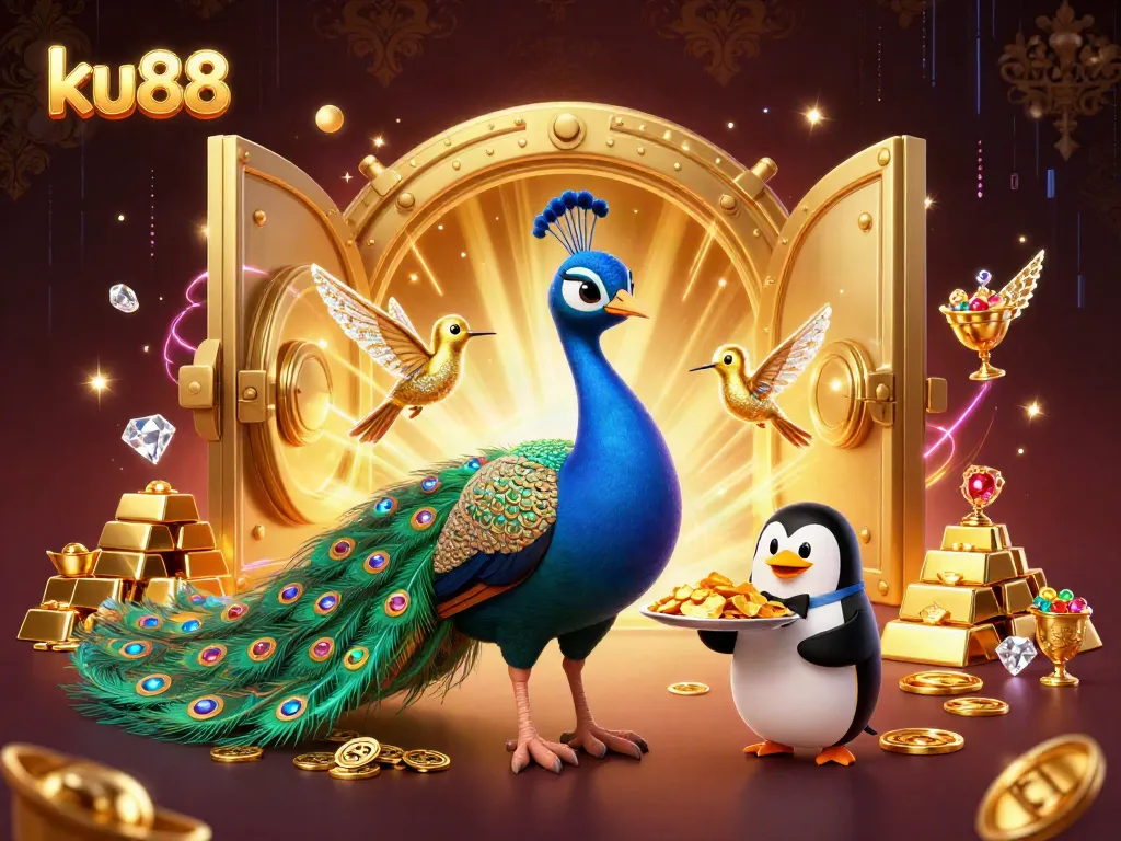 Engage in the vibrant world of ku88 with a rich 3D casino scene featuring jewel-laden characters and gold.