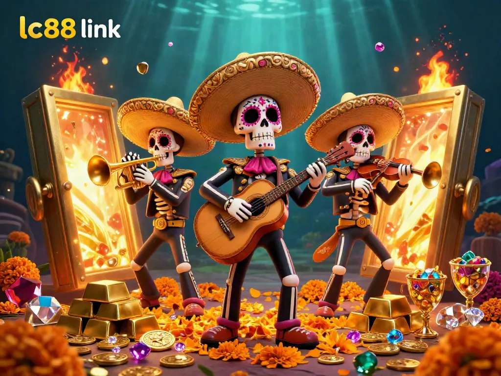 Experience the thrill of winning at LC88 link with a vibrant illustration showcasing a Mariachi band amid treasures.