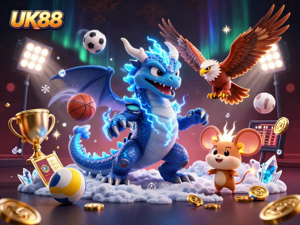 Bet on UK88 with dynamic 3D cartoon characters, sports elements, and rich casino background