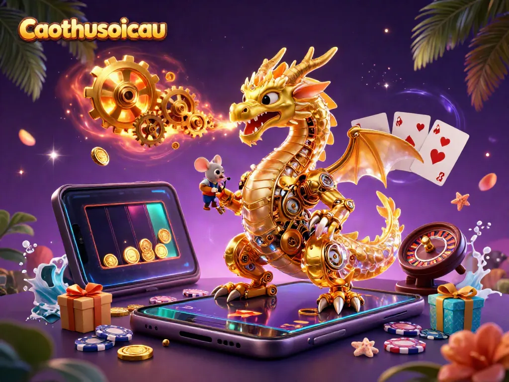 Experience caothusoicau with a vibrant 3D dragon breathing golden gears amidst casino games.