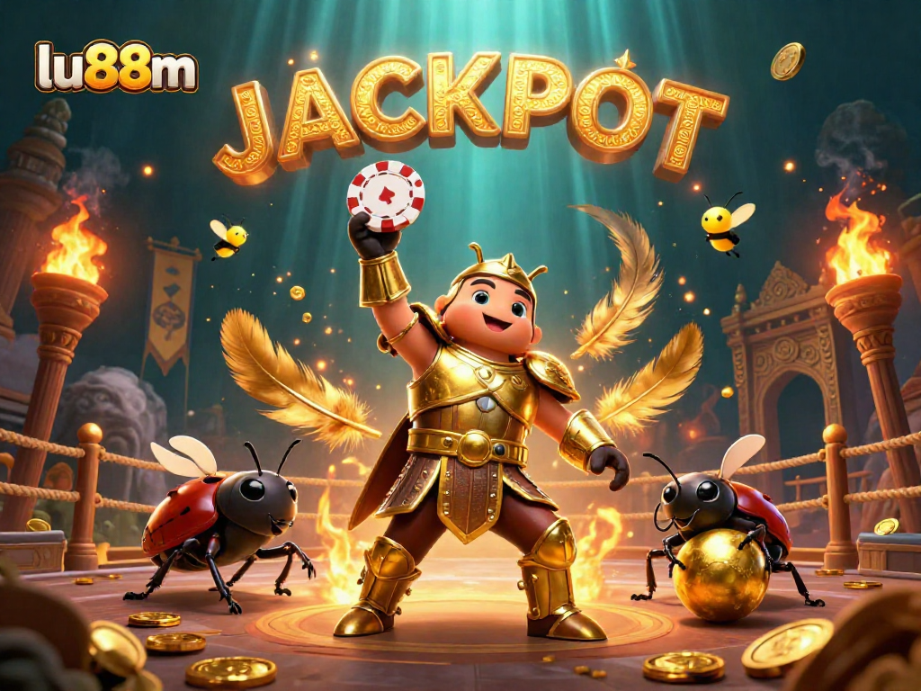 Join the excitement at lu88m with a victorious beetle lifting a poker chip in a dynamic casino illustration.