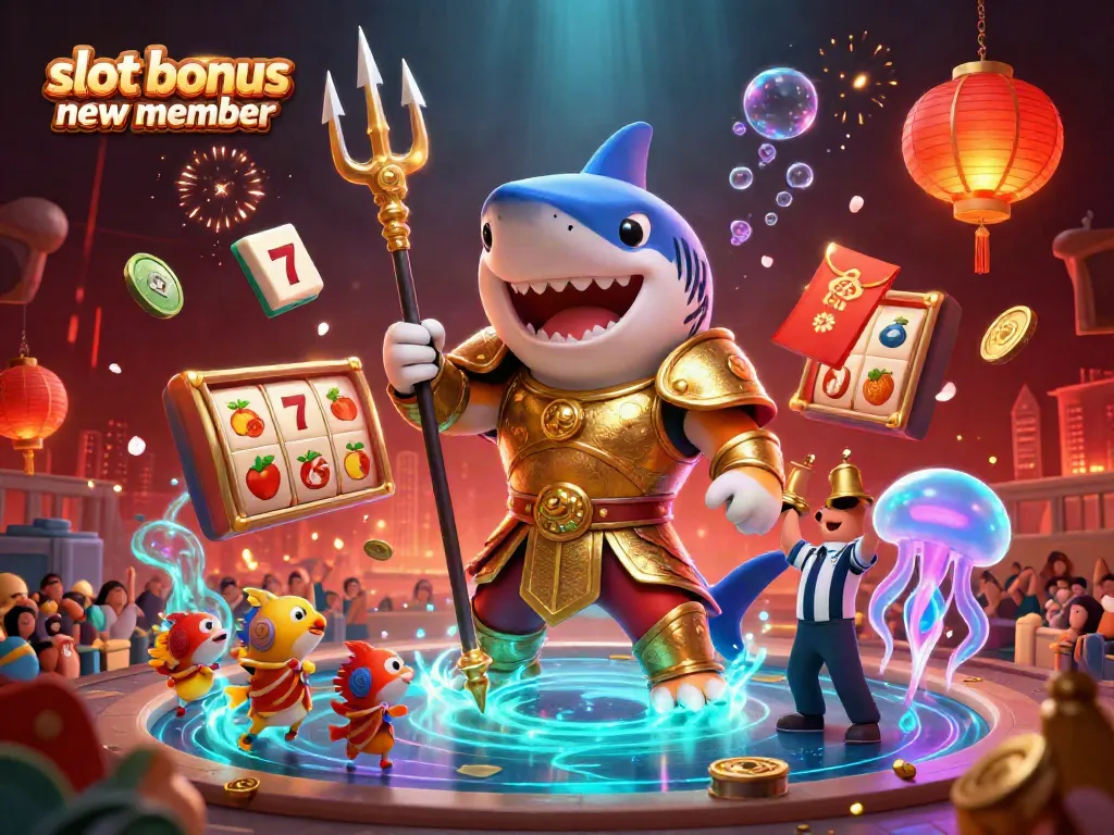 Experience the thrill of the slot bonus new member with a dynamic underwater scene featuring a gladiator tiger shark and festive symbols.
