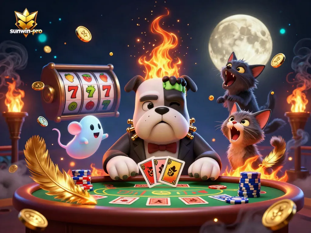 Experience the thrill at sunwin-pro while a Frankenstein bulldog deals cards amidst vibrant casino action.
