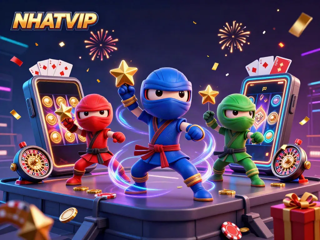 Experience thrilling action with NHATVIP as ninja chameleons battle amidst colorful casino games.