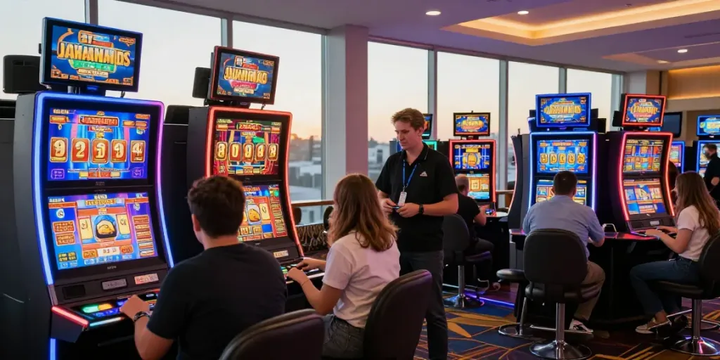 Exciting slot gaming experience in a modern casino with vibrant machines and diverse players.