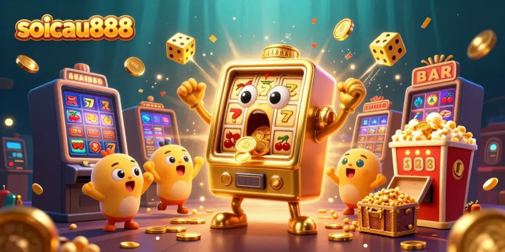 Experience the excitement of soicau888 with animated slot machines celebrating their jackpot.