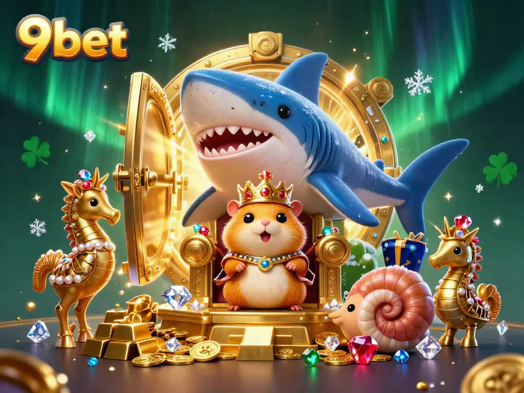 Enjoy thrilling 9bet gaming with a captivating scene of treasure and excitement in a cartoon casino world.