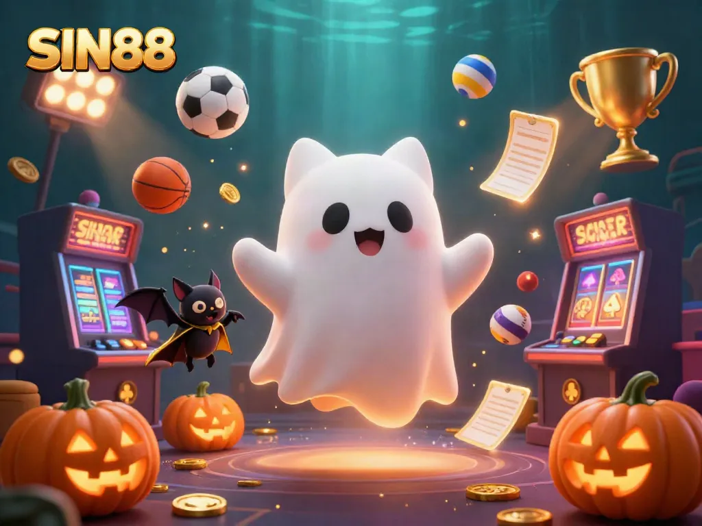SIN88 showcases an enchanting ghost cat and bat in a haunted casino, surrounded by vibrant sports elements and golden decor.