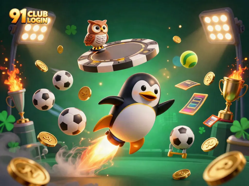 Experience the excitement of 91 CLUB LOGIN with a dynamic casino scene featuring a golden penguin and sports elements.
