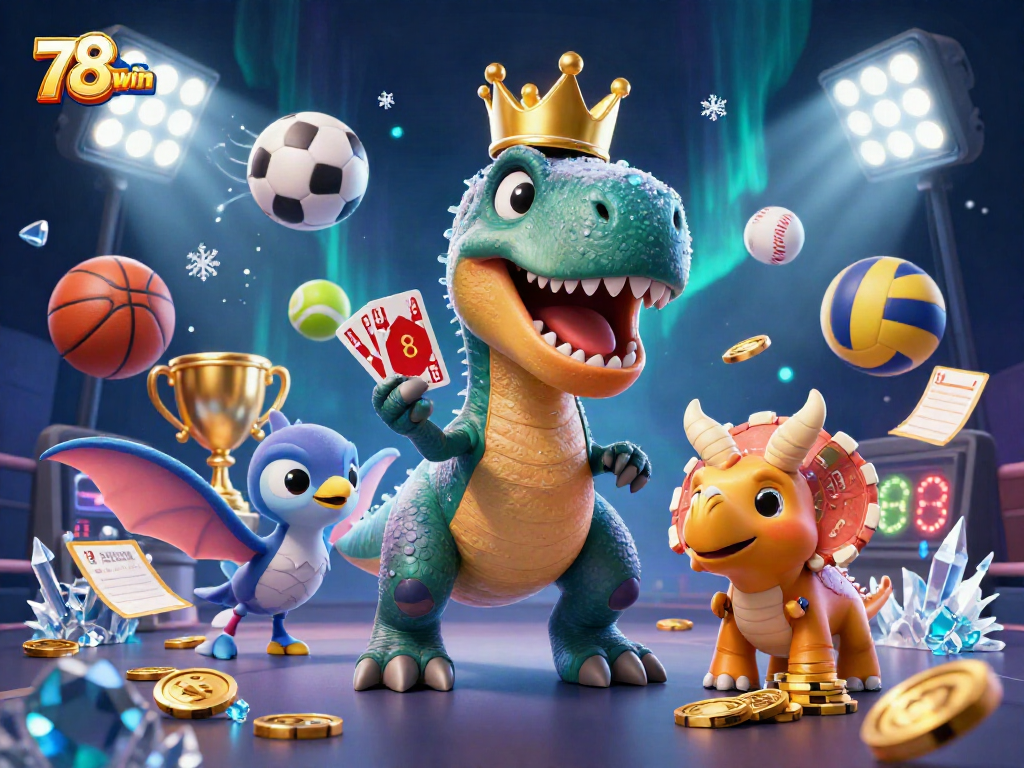 Engage with thrilling 78win moments featuring a T-Rex, Pterodactyl, and Triceratops in a dynamic casino setup.
