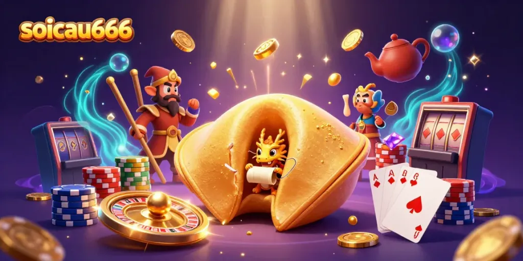 Engage with soicau666 while enjoying a 3D illustration of fortune cookies, dragons, and casino elements.