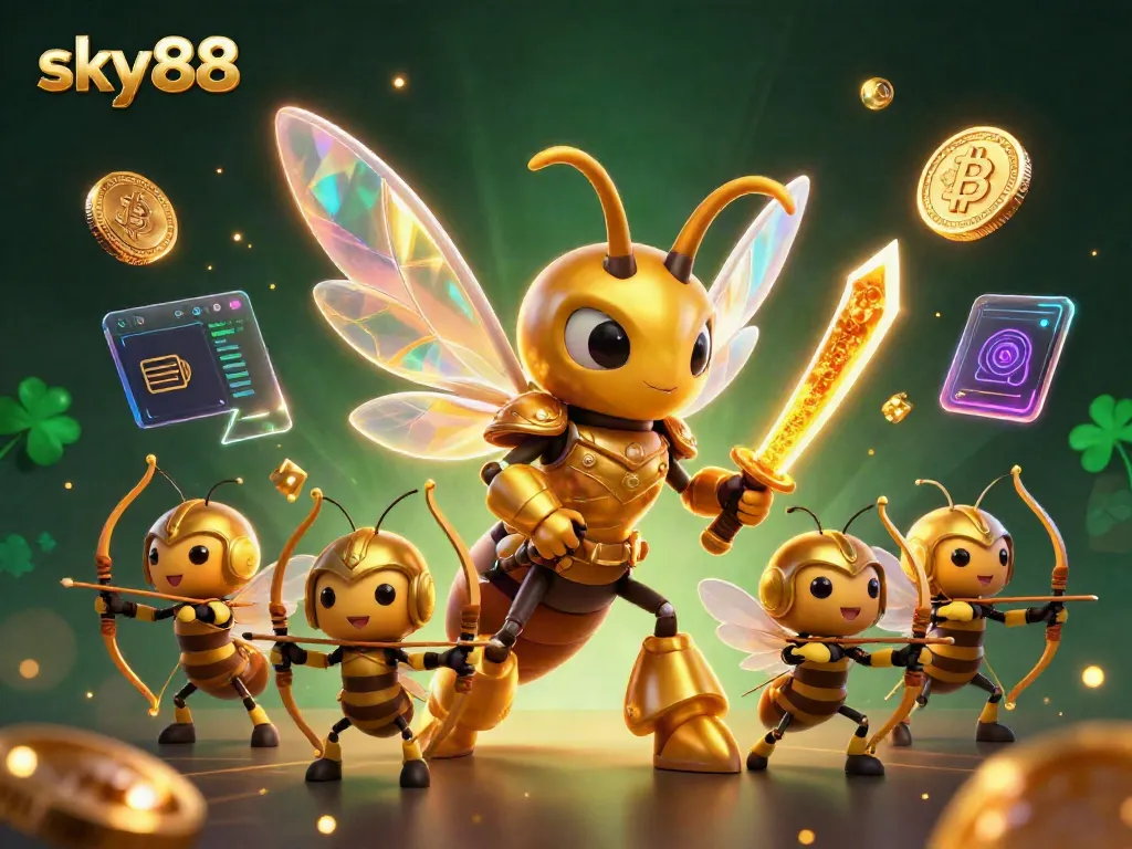 Engage with the vibrant sky88 casino experience in an illustration featuring golden hornet warriors and crypto elements.