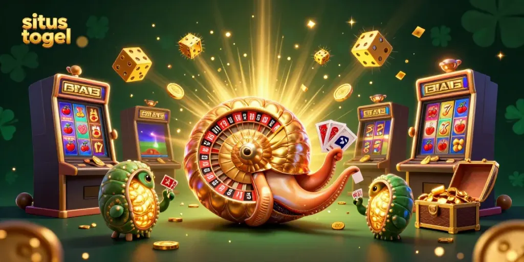 Win big with situs togel in a vibrant 3D casino scene featuring dynamic games and glowing treasures.