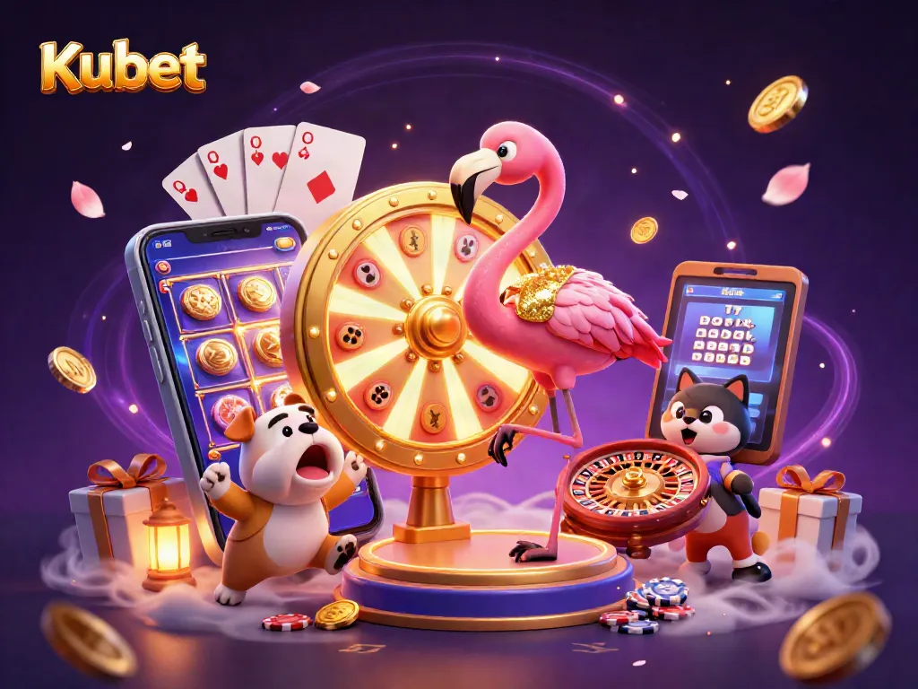 Kubet showcases a lively 3D casino scene with a flamingo host, bulldog contestant, and cat assistant amidst vibrant game elements.