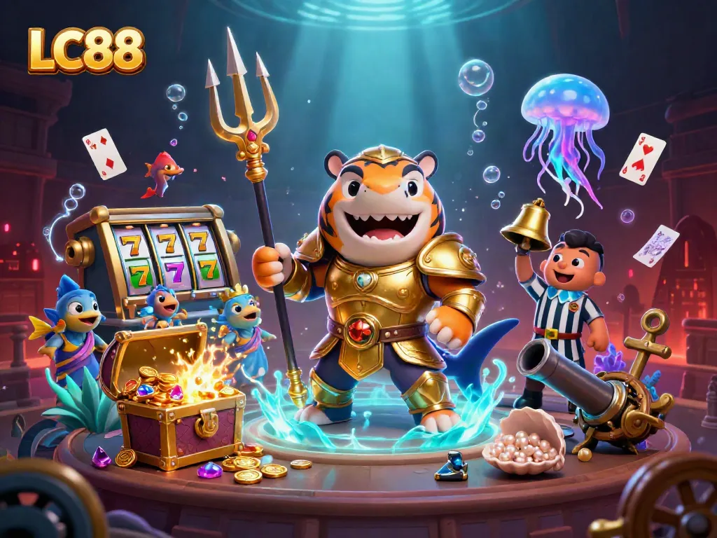 Engaging in thrilling gameplay at LC88 with a shark gladiator amidst explosive treasures and slot machine action.