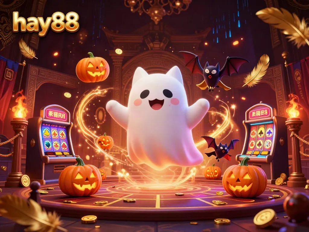 Experience the excitement at hay88 casino with a ghost cat and vampire bat in a haunted scene, surrounded by glowing elements.