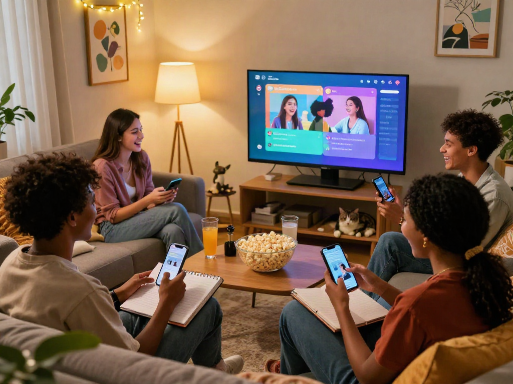 Vibrant scene of friends engaged in nsfw chat on smartphones, surrounded by a cozy living space.