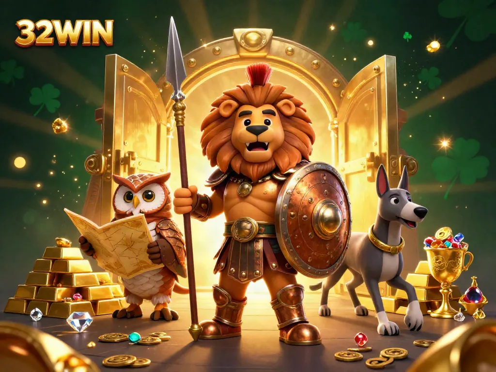 Experience thrilling gaming at 32WIN featuring a Spartan lion, owl strategist, and swift greyhound amidst gleaming treasures.