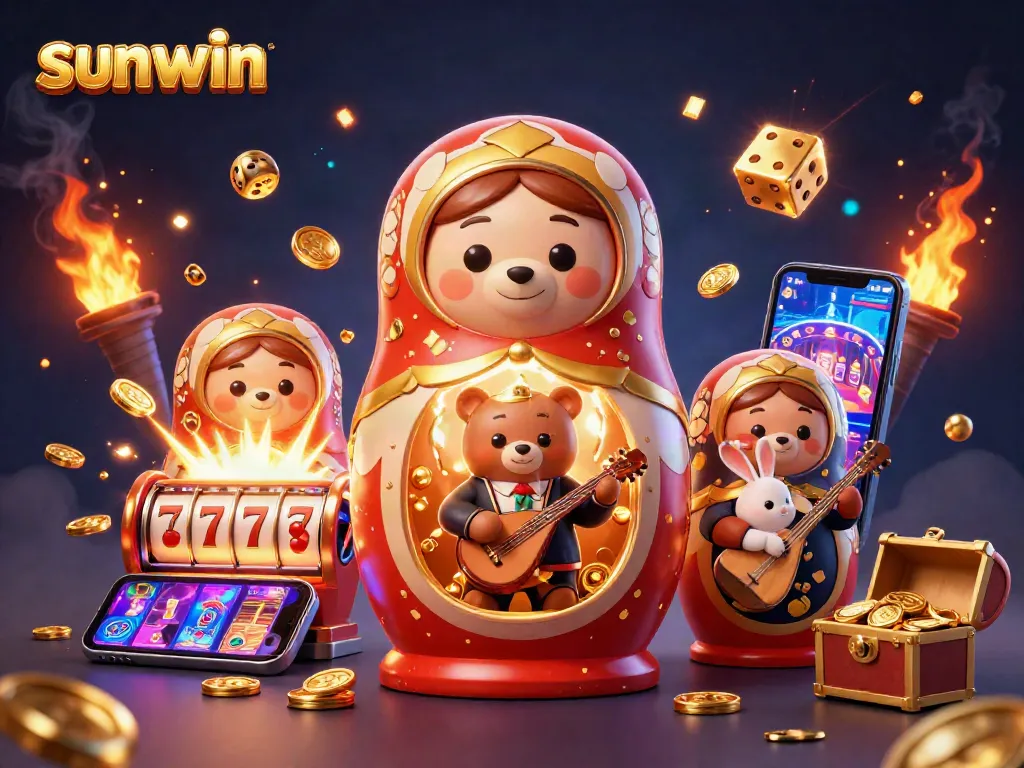 Experience sunwin's dynamic gaming world with a vibrant 3D scene of cartoon bears and casino elements.